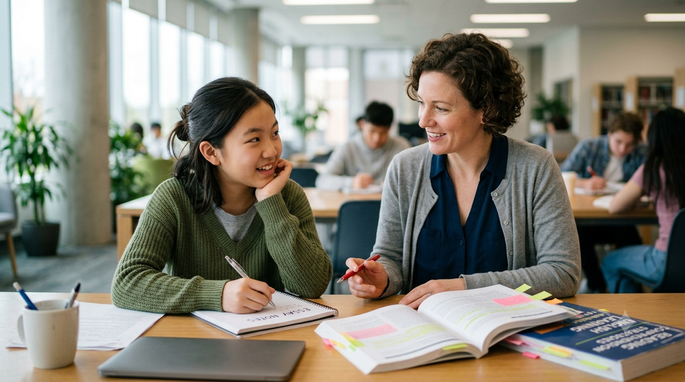 Student practicing writing and reading comprehension with a tutor