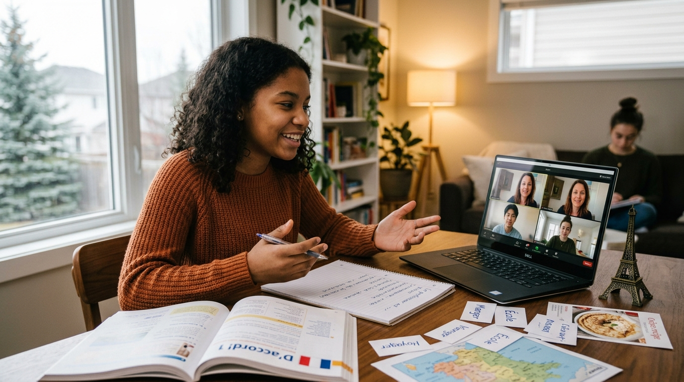 Student practicing French with a tutor