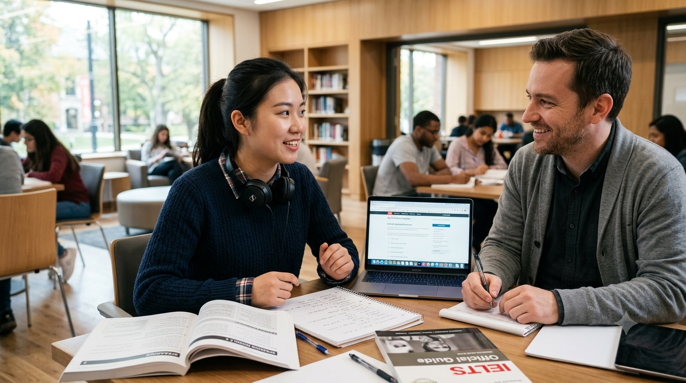 Student practicing IELTS speaking and writing skills with a tutor