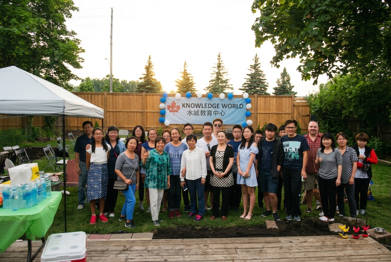 Knowledge World Education families, students and staff gathered in a backyard under a Knowledge World banner