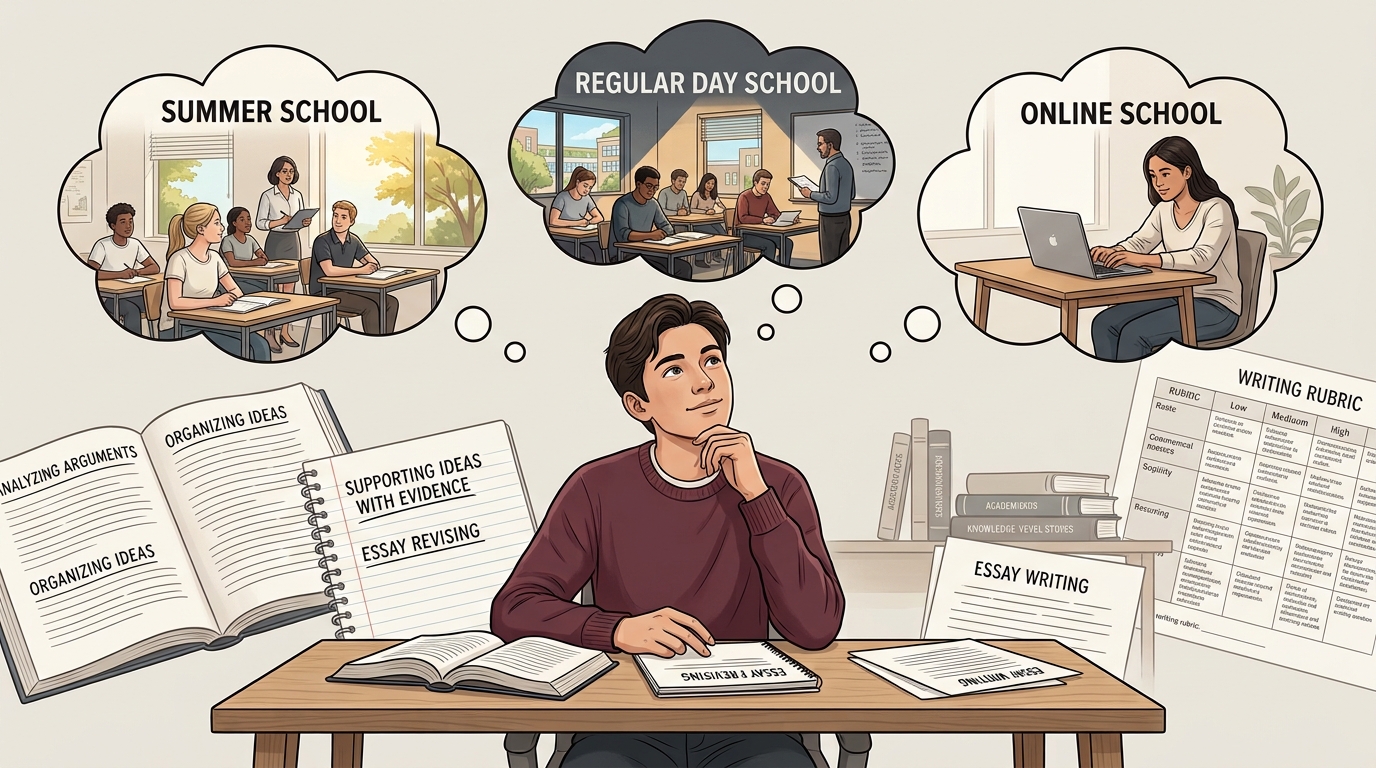 Student weighing summer school, regular day school and online school for Grade 12 English