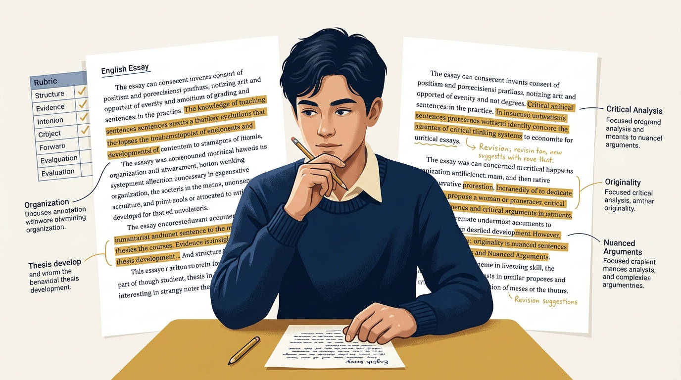 Student reviewing essay feedback with a KW Education tutor