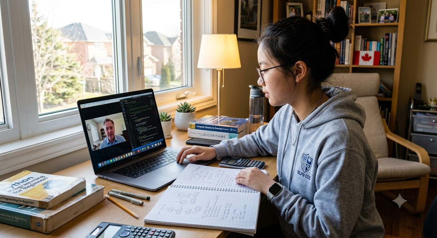Student on a video call with a tutor, coding on her laptop