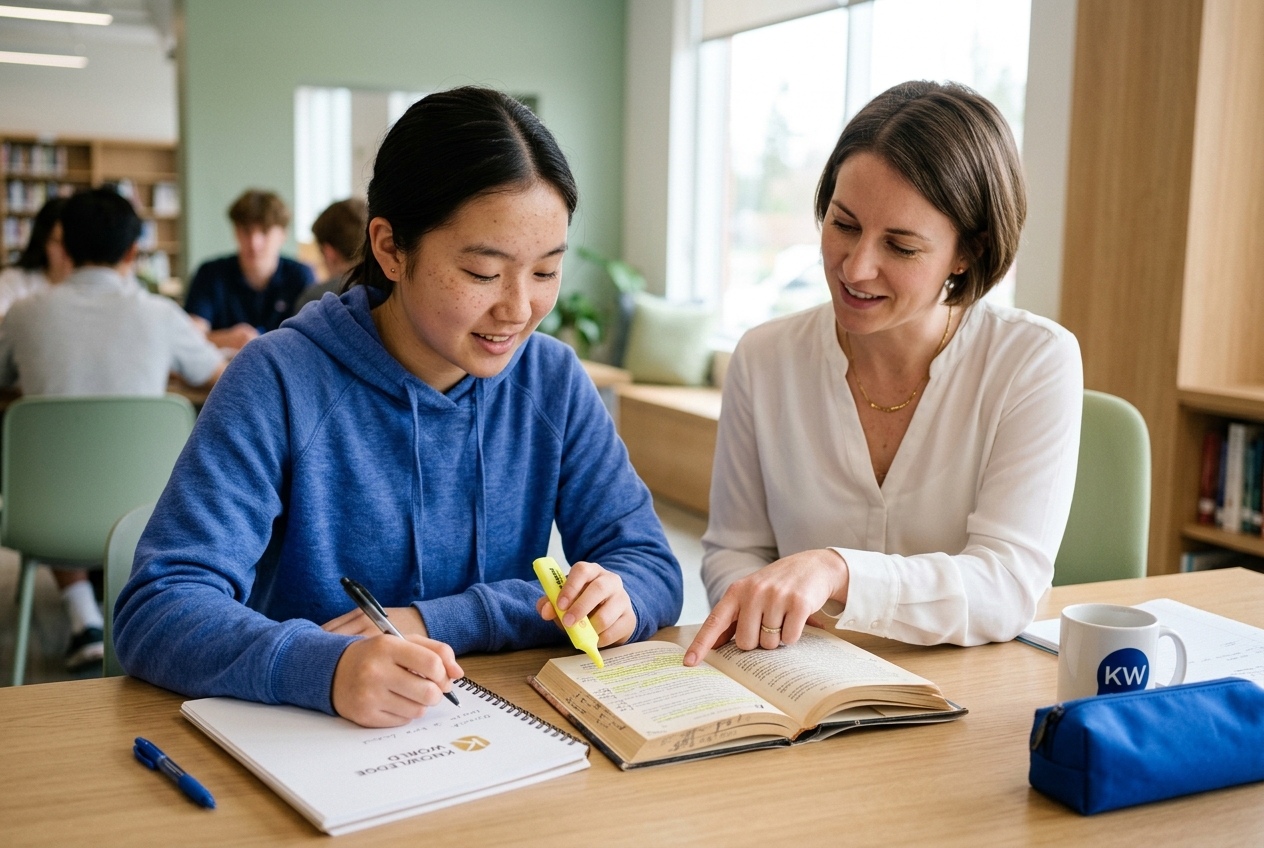 A student and tutor reading and highlighting a novel together