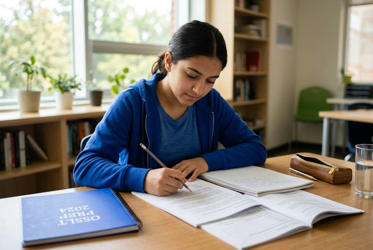 A student writing practice answers in an OSSLT prep workbook