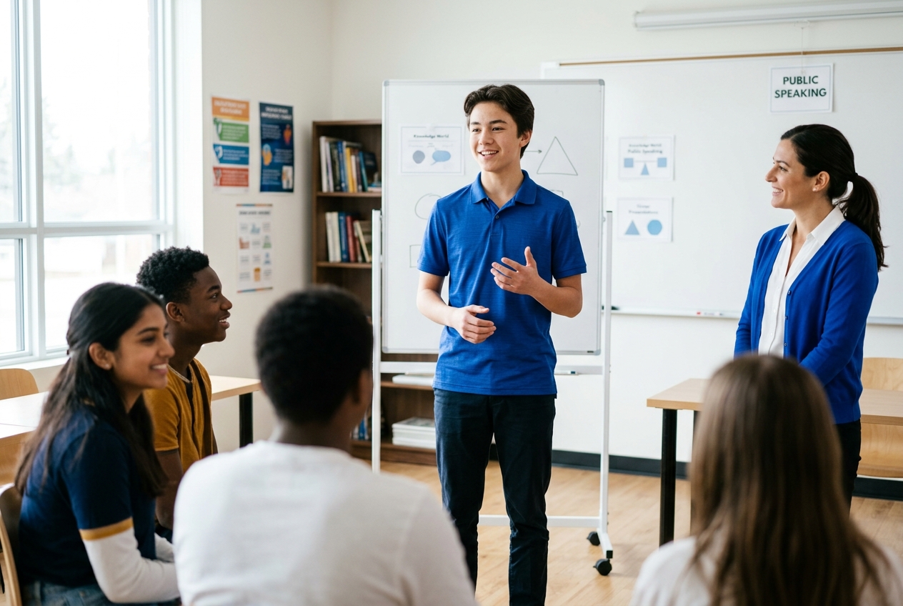 A student presenting to a small class while a tutor looks on