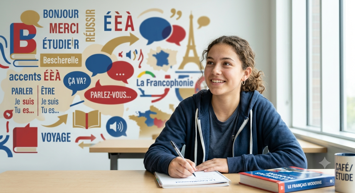 Smiling student studying French, surrounded by French vocabulary and phrases