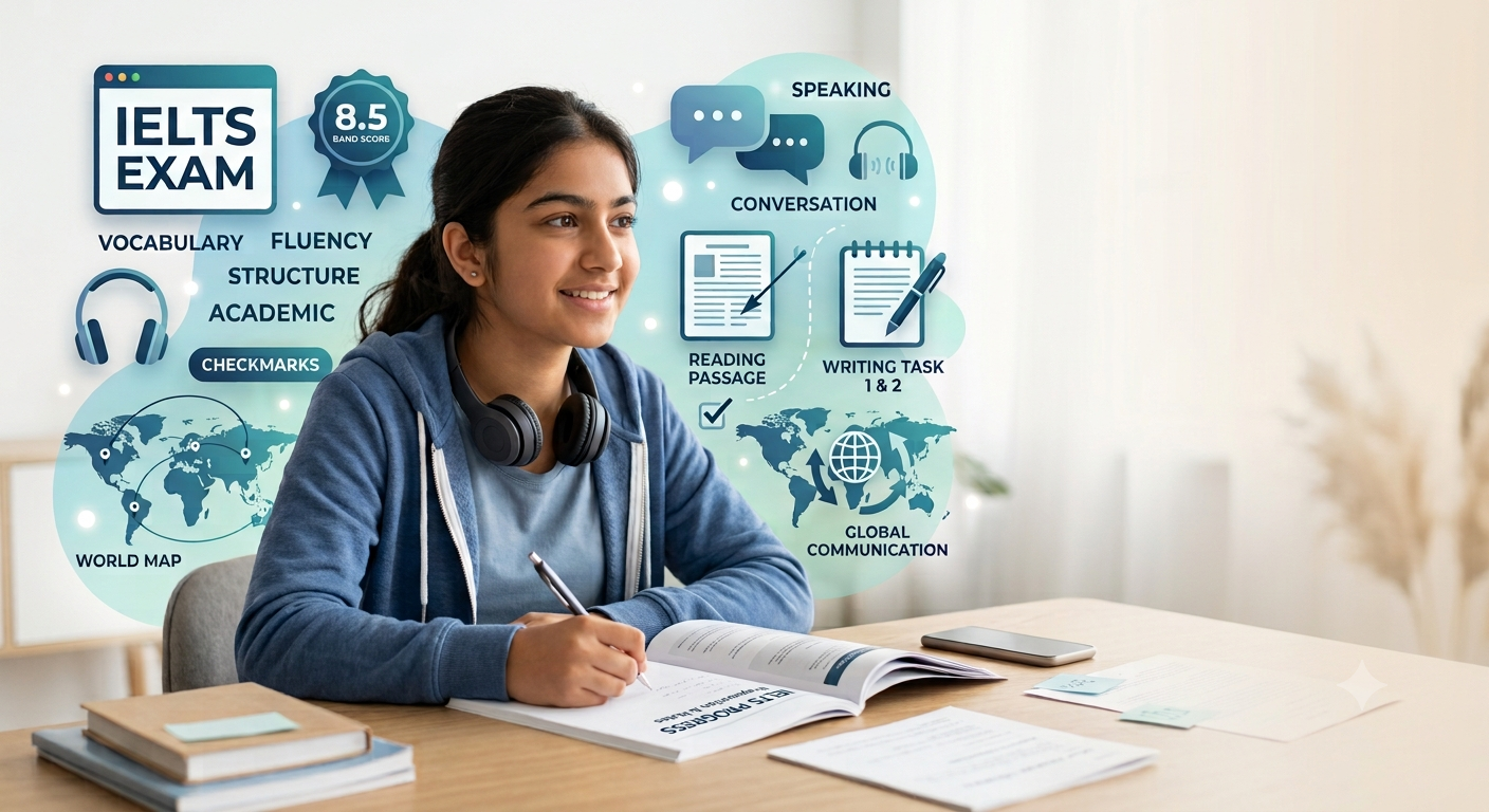 Smiling student preparing for the IELTS exam, surrounded by band-score and skills graphics
